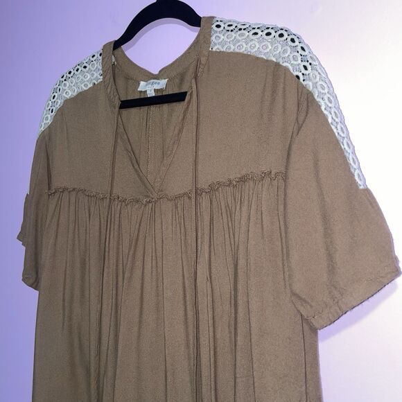 Umgee Mini Dress Women Small Brown Boho Peasant Minimalist Neutral Coastal - Picture 2 of 8
